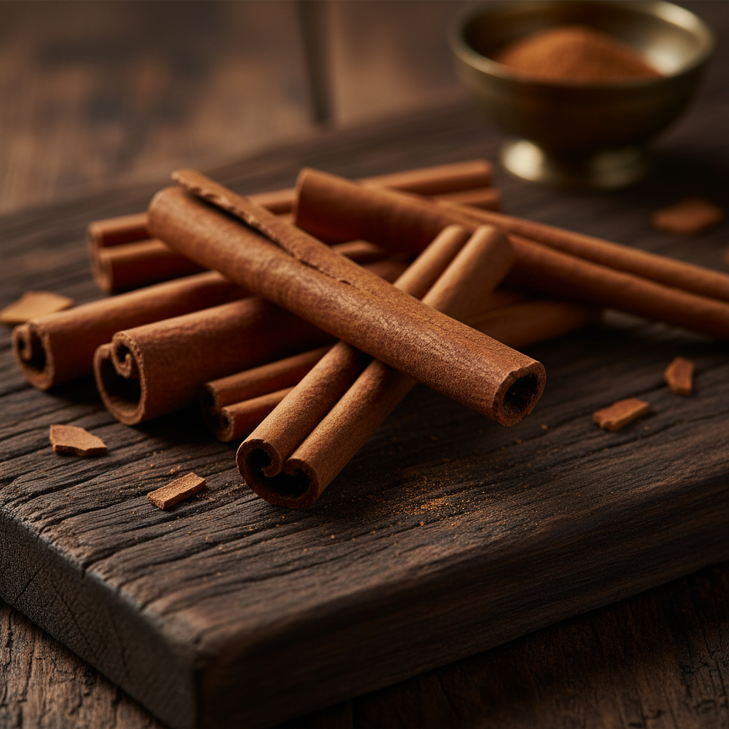 Premium whole cinnamon sticks on rustic wooden surface