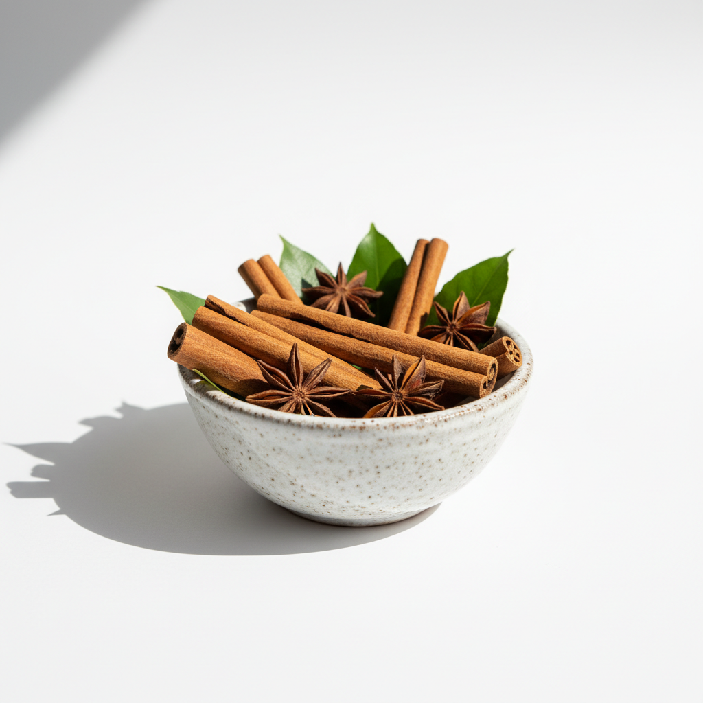 Cinnamon sticks in ceramic bowl with star anise